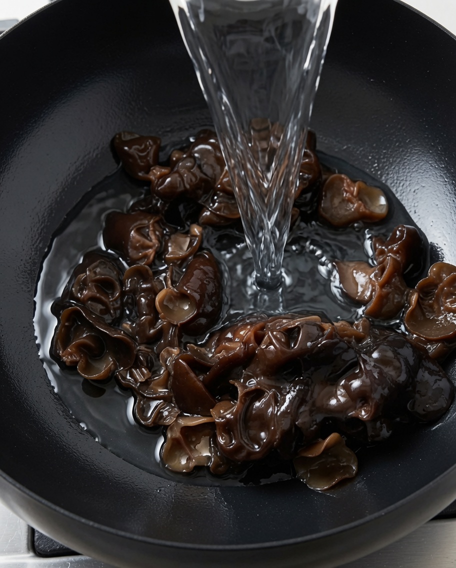 Eau versée dans une casserole contenant des champignons noirs.