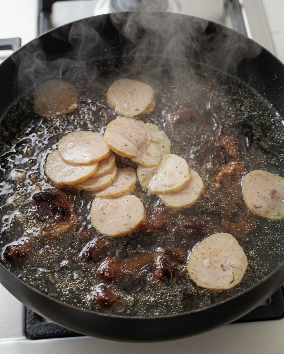 Gâteaux de poisson et lanières de saucisse ajoutés à une casserole de soupe bouillante.