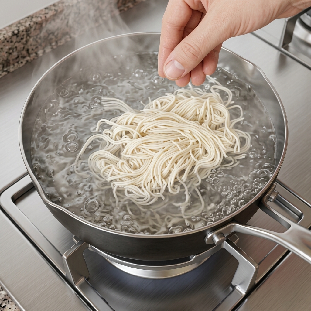 Nouilles fines fraîches bouillant dans une casserole deau.