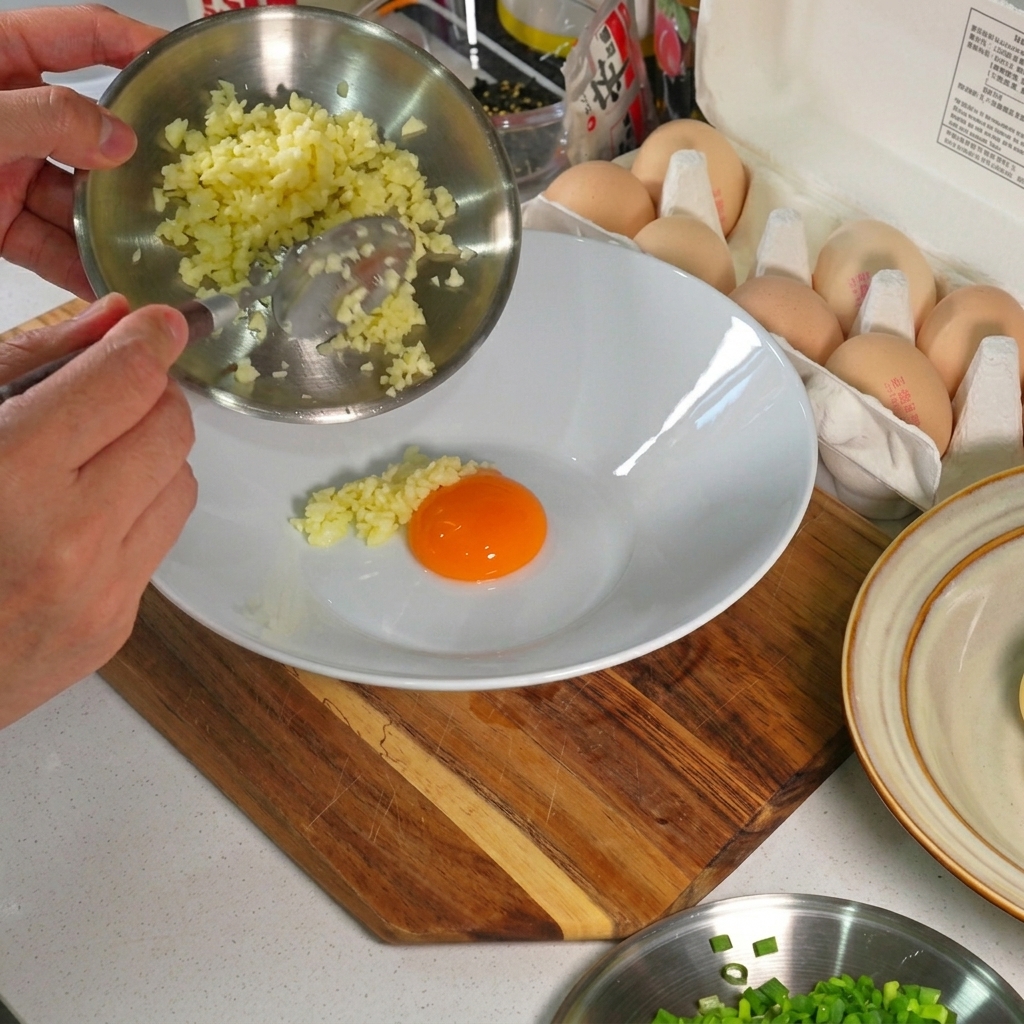 Un bol contenant un jaune dœuf entouré dail émincé, doignons verts ciselés, dun sachet dassaisonnement pour ramen et dune noisette de mayonnaise.