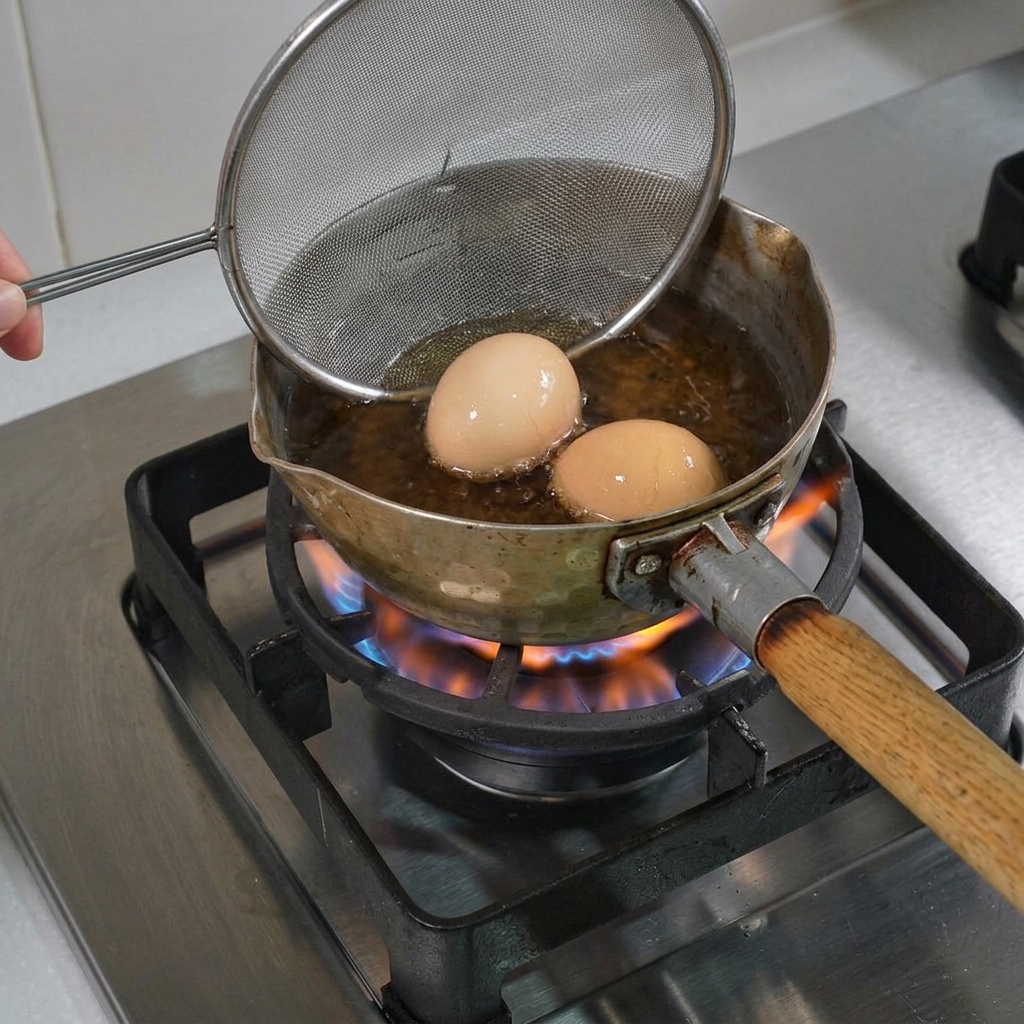 Deux œufs sortis dune casserole deau bouillante à laide dune écumoire en inox.