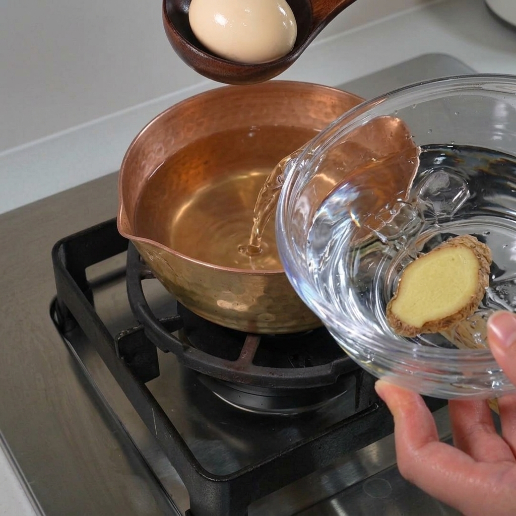 Un œuf plongé dans un bol deau froide rempli de glaçons pour stopper la cuisson.