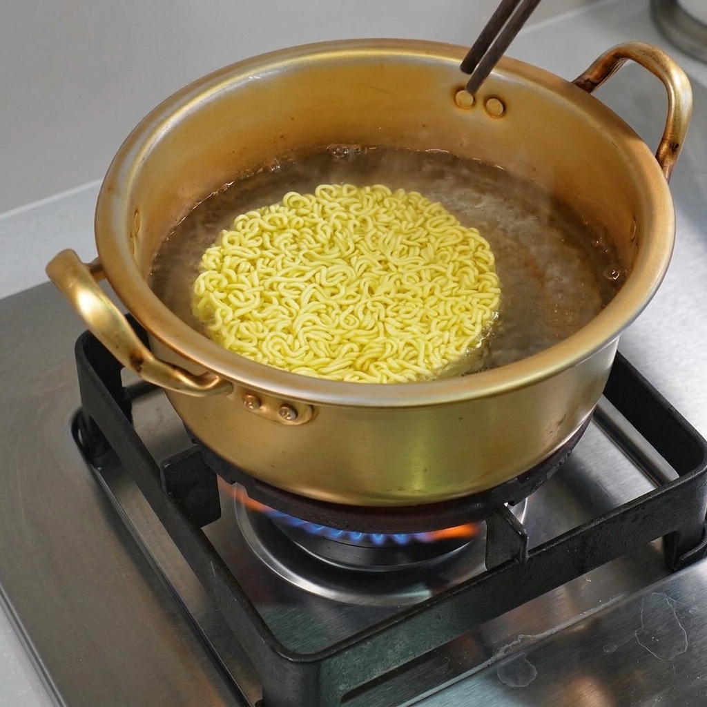 Des nouilles ramen cuisant dans une casserole traditionnelle en métal doré sur une gazinière.