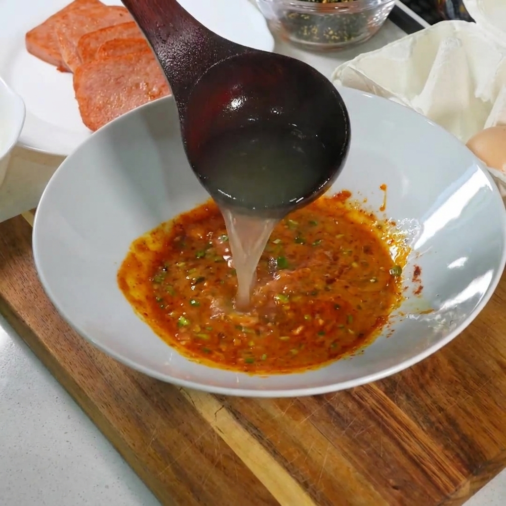 Leau de cuisson bouillante des nouilles versée à la louche dans un bol blanc contenant le mélange crémeux et épicé au jaune dœuf.