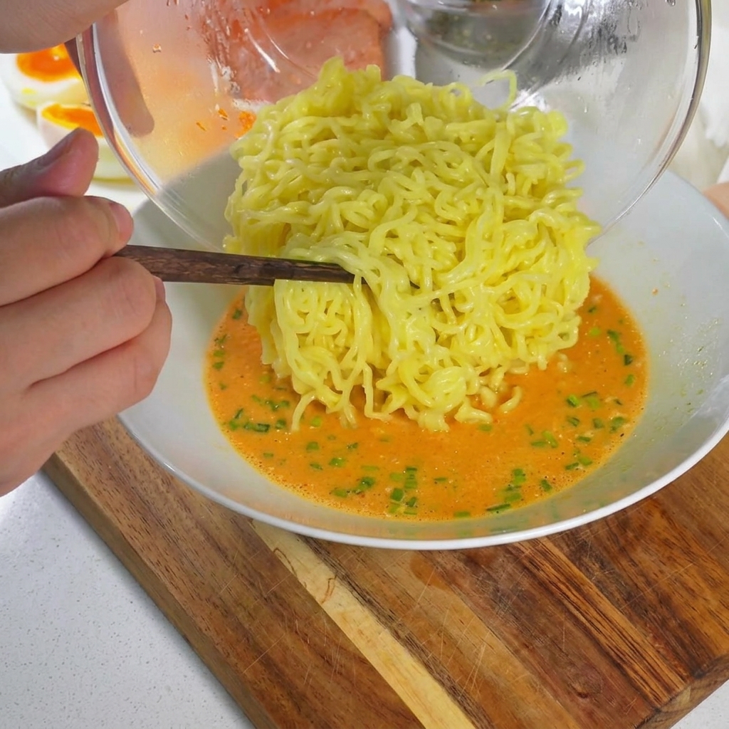 Des nouilles ramen cuites soulevées avec des baguettes et plongées dans un bol de soupe crémeuse.