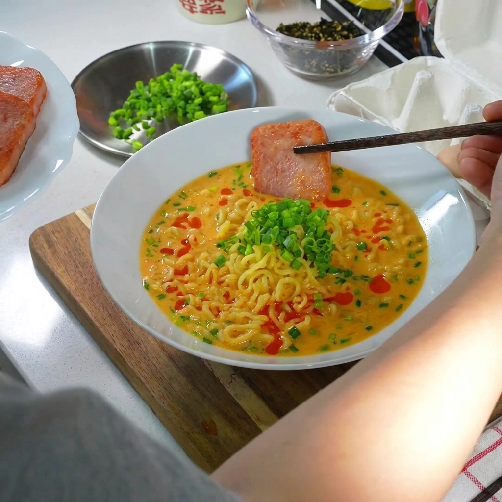 Un bol de ramen garni de SPAM frit et doré, dun œuf mollet, parsemé doignons verts ciselés et dhuile pimentée.
