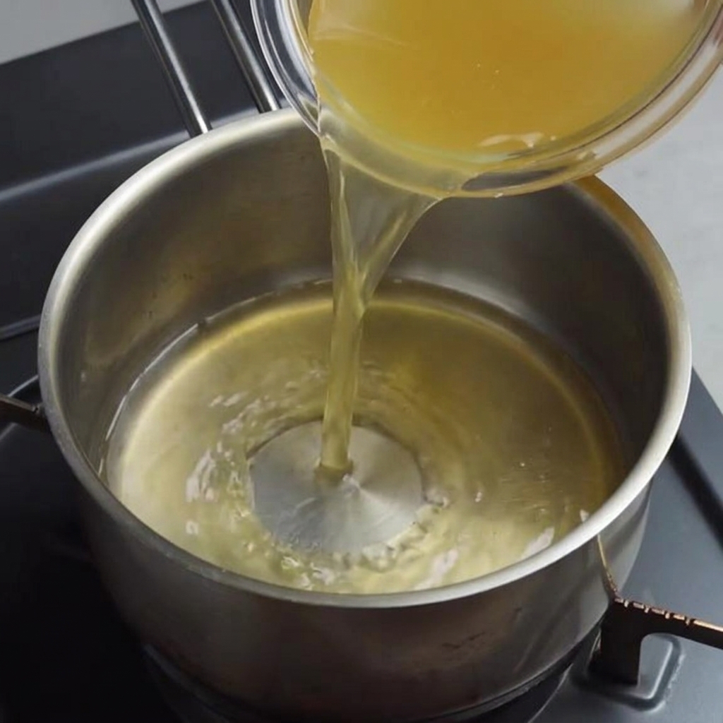 Bouillon de poulet versé dans une casserole pour commencer le bouillon de ramen.