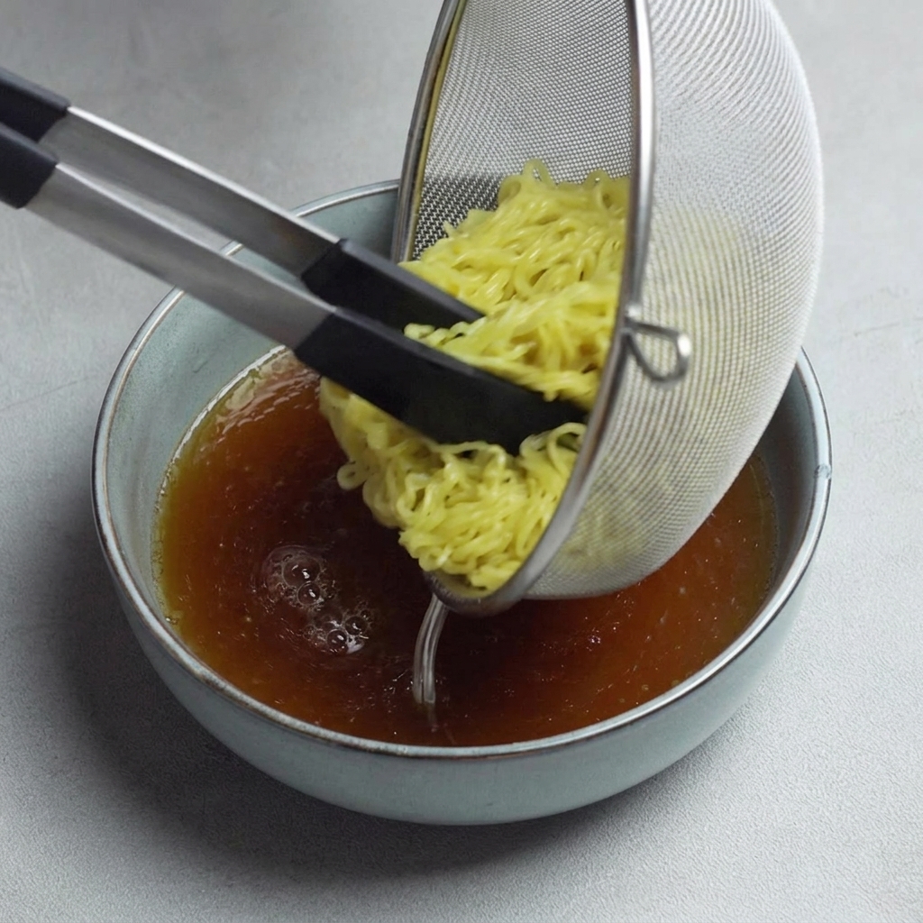 Nouilles ramen fraîchement cuites plongées dans un bol de bouillon sombre et assaisonné.