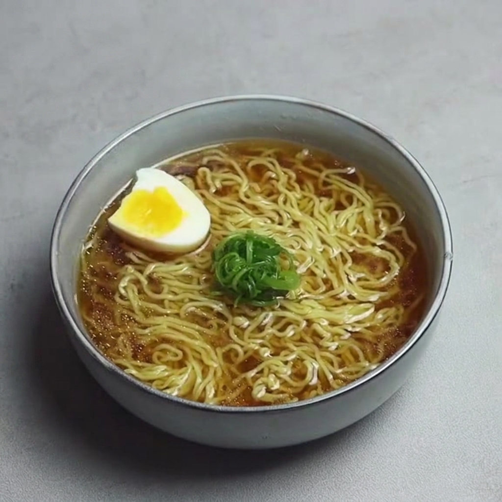 Un œuf mollet parfaitement coupé en deux placé sur le ramen garni doignons verts.