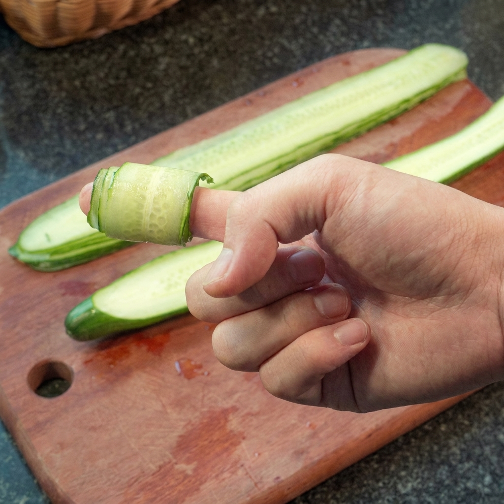 Lanières de concombre enroulées en spirales serrées sur une planche.