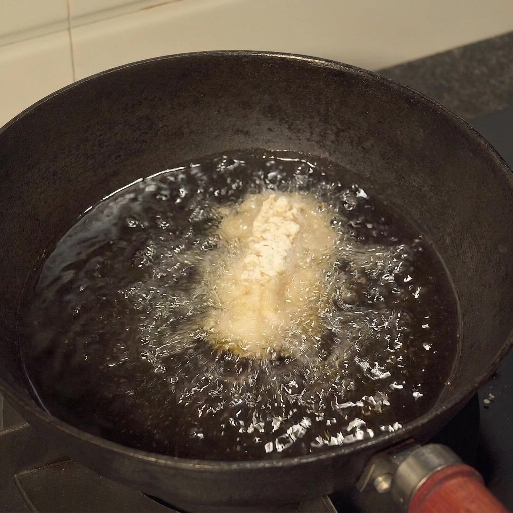 Ailes de poulet en train de frire dans lhuile chaude jusquà obtenir une couleur dorée.