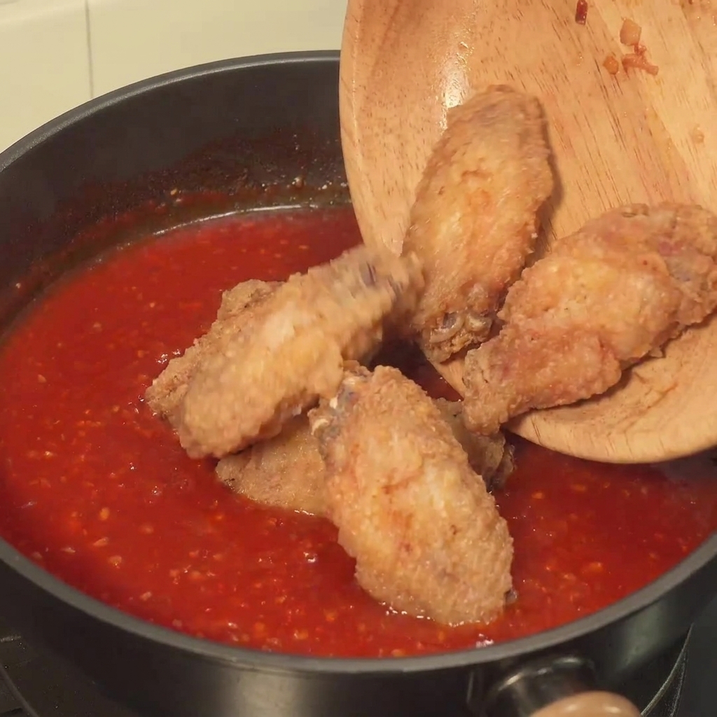 Ailes de poulet frites mélangées dans une sauce rouge épaisse.