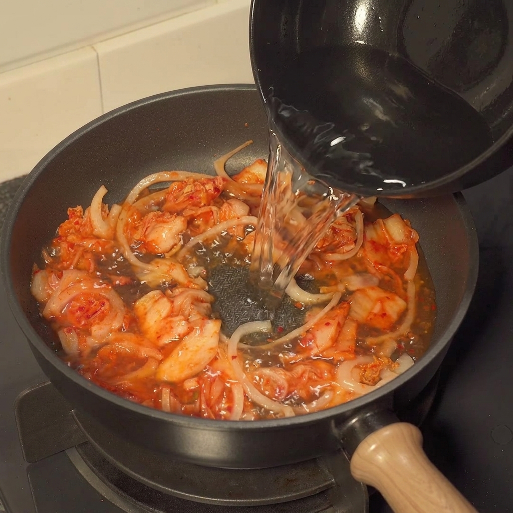 Eau versée dans la poêle avec le kimchi et les oignons.