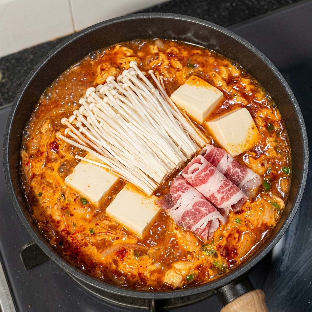 Champignons, tofu et bœuf ajoutés au bouillon bouillant.