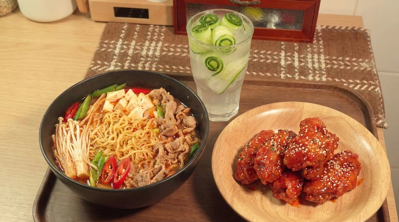 Festin de ramen au bœuf épicé et poulet frit coréen