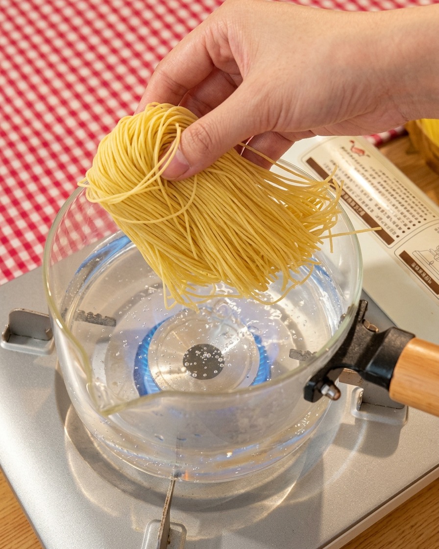 Nouilles ramen fraîches en train de bouillir dans une casserole en verre sur un réchaud.