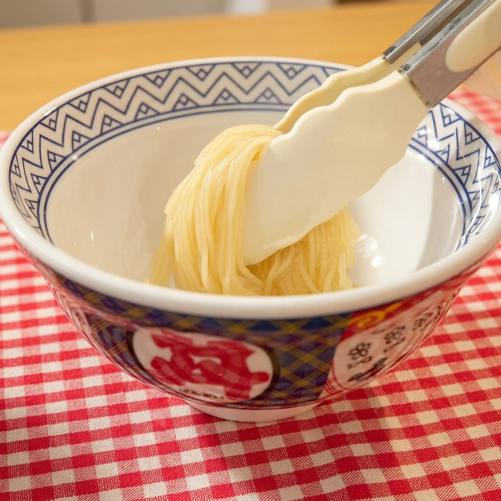 Des nouilles ramen cuites sont transférées dune casserole à un bol en céramique à laide de pinces.