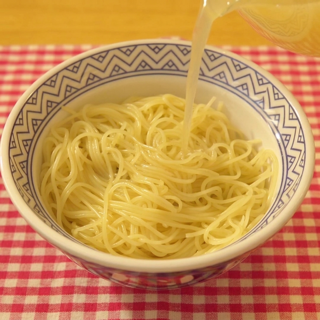 Gros plan dun bouillon clair et aromatique versé depuis un pichet dans un bol rempli de nouilles ramen.