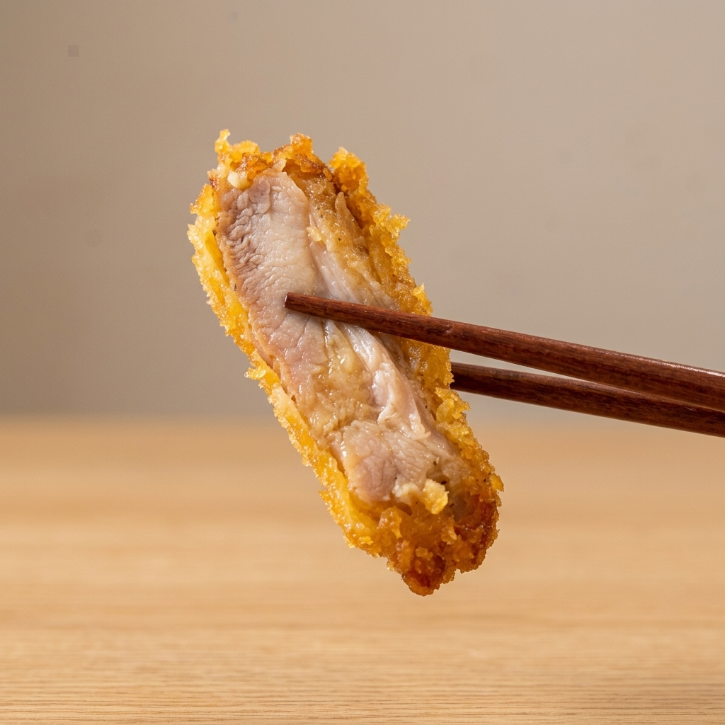 Une escalope de poulet panée est délicatement plongée dans une poêle dhuile chaude frémissante.