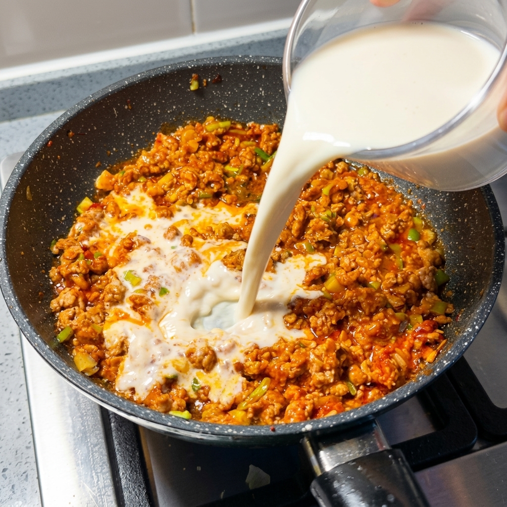 Lait de soja versé dans la poêle avec la viande assaisonnée.