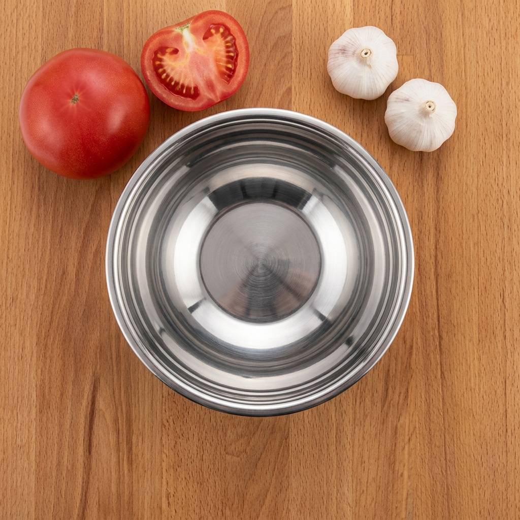 Un bol en inox vide placé à côté dune tomate et de têtes dail.