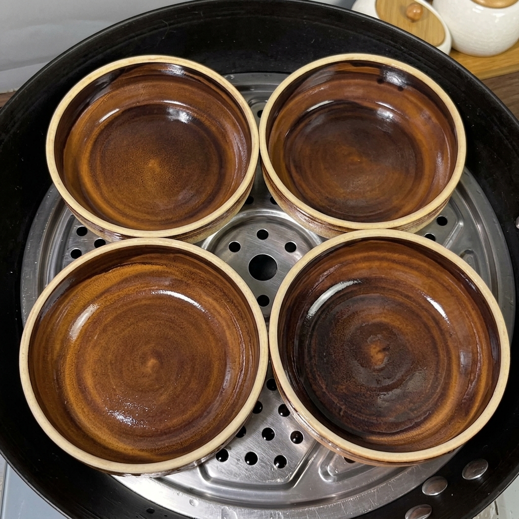 Quatre bols en céramique vides et propres disposés sur une grille de cuisson vapeur.