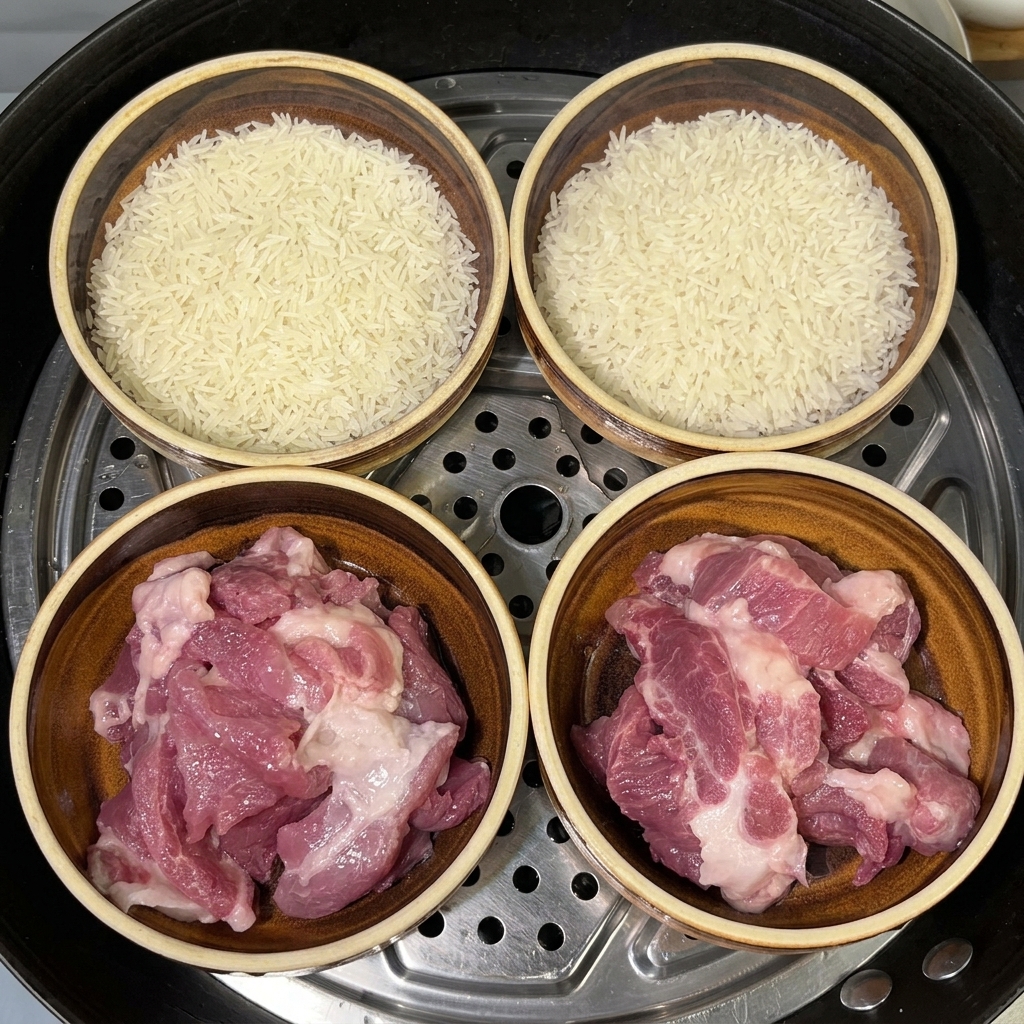 Quatre bols contenant le porc et le riz, avec une cuillère de sel ajoutée dans chacun.
