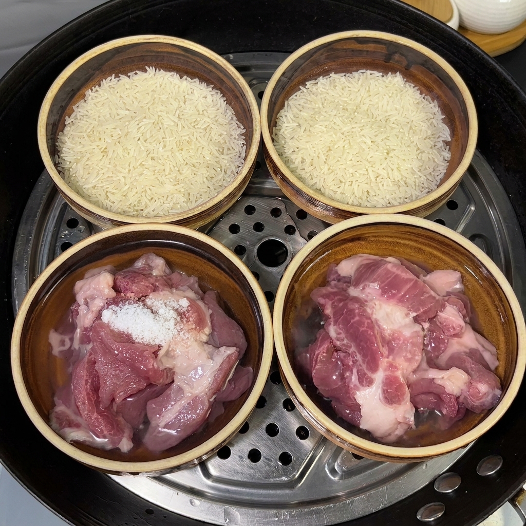 De leau versée dans les bols en céramique remplis de porc, de riz et de sel.