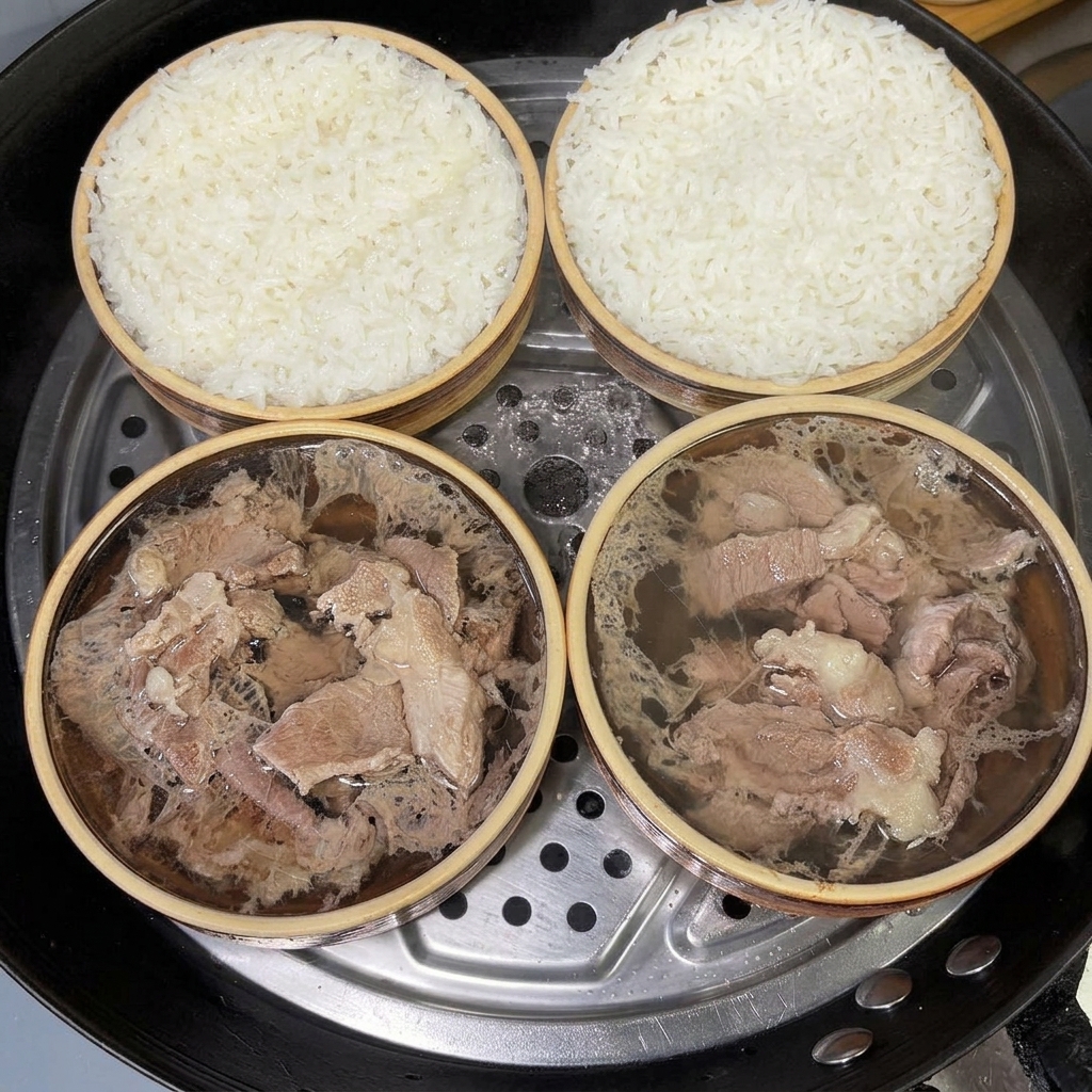Bols de porc et de riz vapeur avec du poivre blanc en poudre saupoudré sur le dessus.