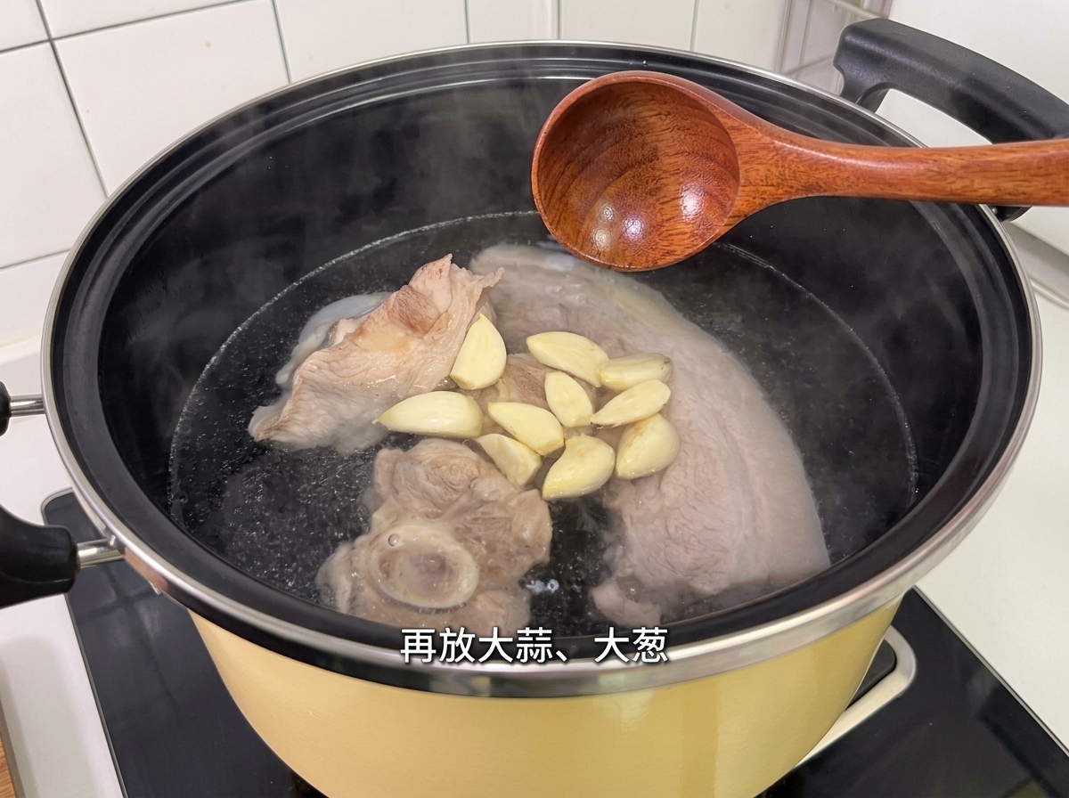 Ail, oignons et épices ajoutés à la marmite de bouillon.