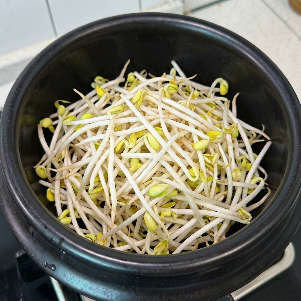 Pousses de soja et viande de porc effilochée disposées dans un bol en terre cuite.