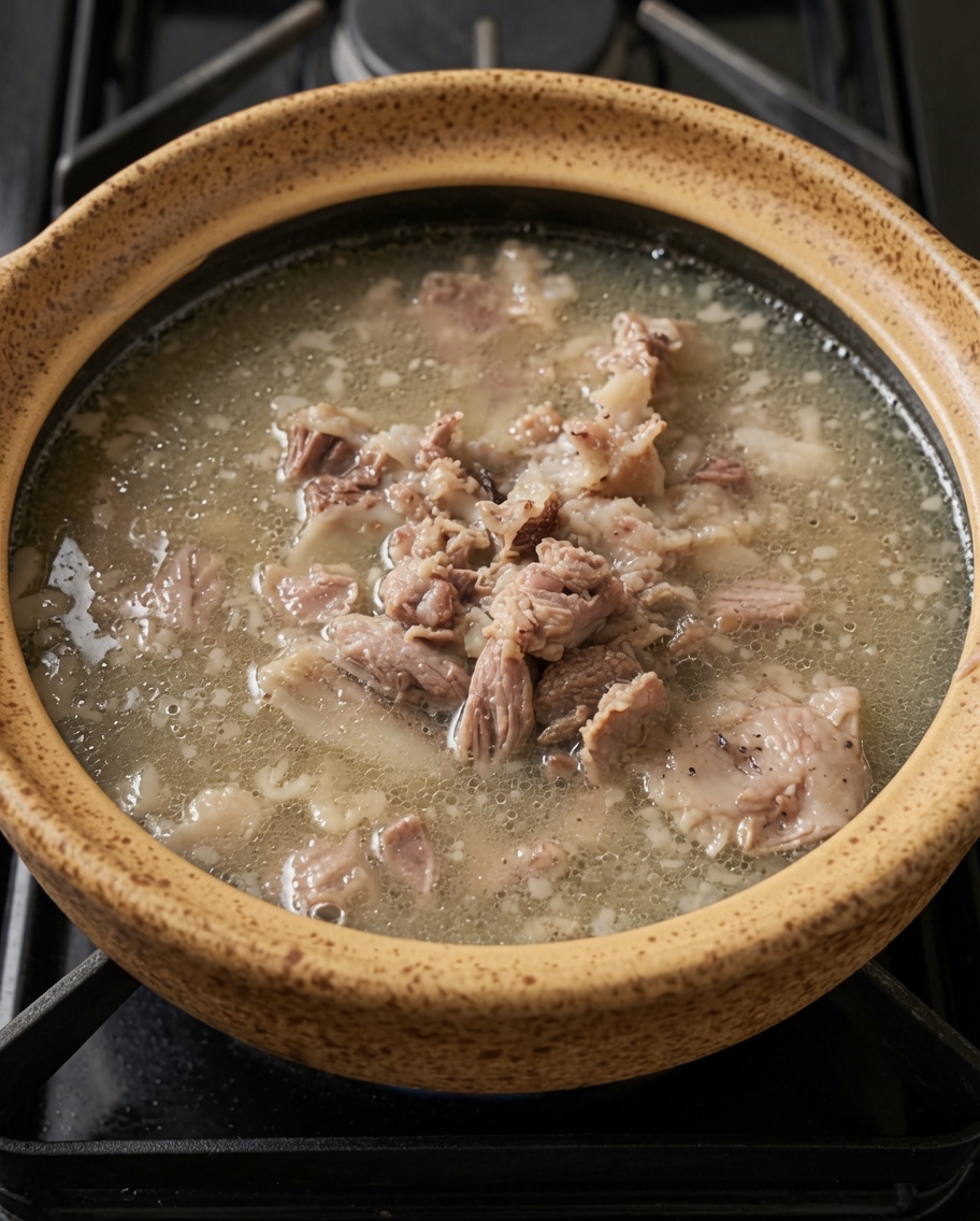 Oignons verts et ciboulette fraîche ajoutés à la soupe de porc mijotant dans le pot en terre cuite.