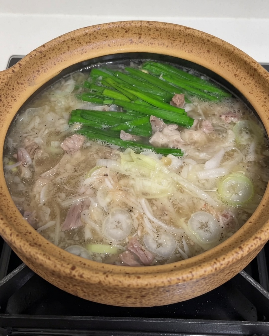 Une cuillerée de pâte de piment coréenne rouge incorporée dans le bouillon fumant, se mélangeant à la soupe.