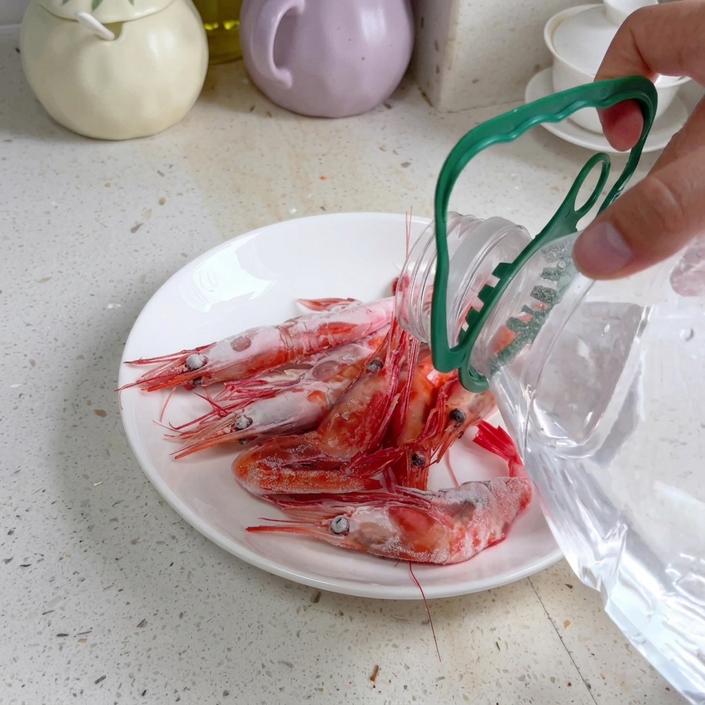 De leau minérale versée sur des crevettes crues dans une assiette blanche pour les décongeler.