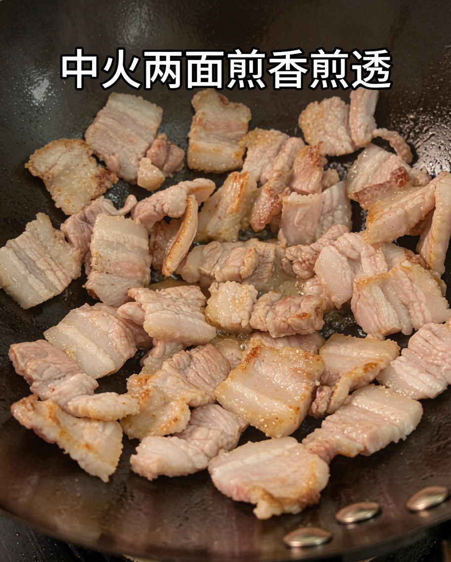 Tranches de poitrine de porc en train de frire dans un wok, prenant une belle couleur dorée.