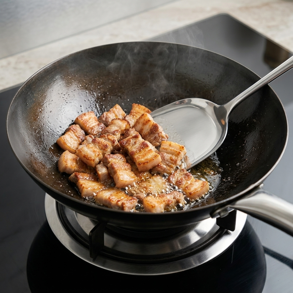 Gousses dail émincées ajoutées au porc doré dans le wok.