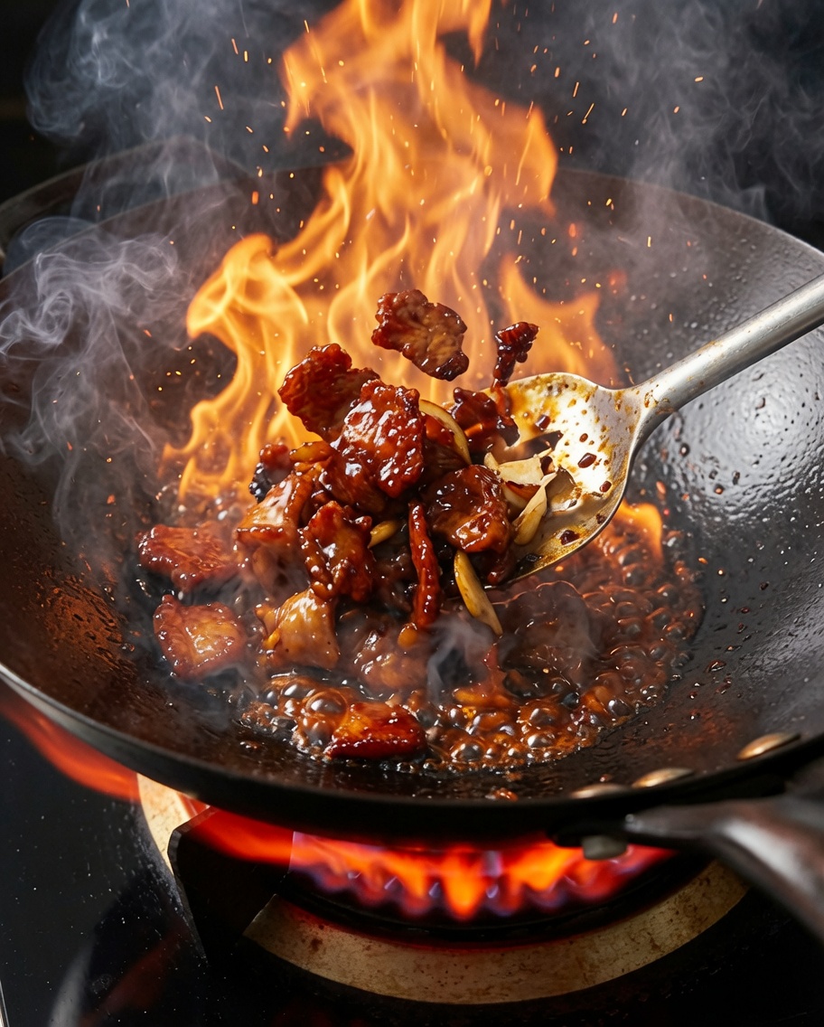 Morceaux de porc sautés avec lail, les haricots noirs et la sauce soja foncée dans un wok chaud.