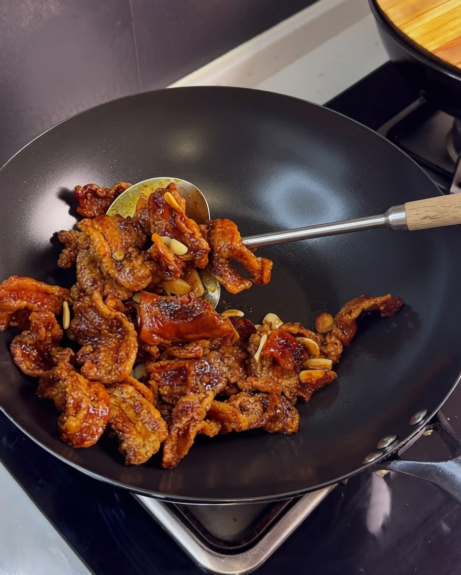 Porc croustillant mélangé dans un wok avec de lail et une sauce brune savoureuse jusquà enrobage complet.