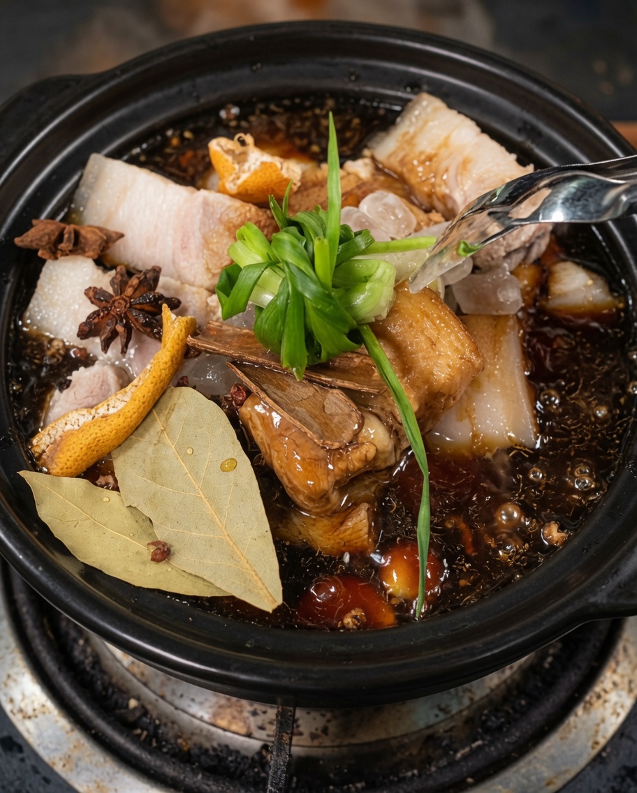 Cocotte remplie de poitrine de porc braisée et dépices, couverte avec son couvercle pour mijoter.