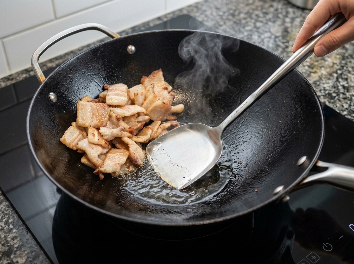 Une louche retirant lexcès dhuile fondue dun wok contenant du porc doré.