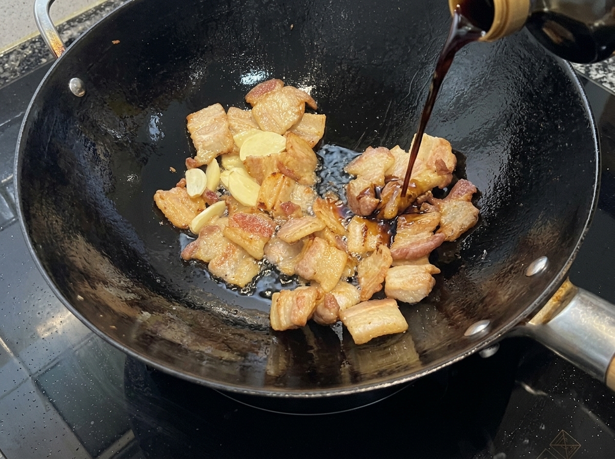 Sauce soja et sauce huître versées dans le wok sur le porc et lail.