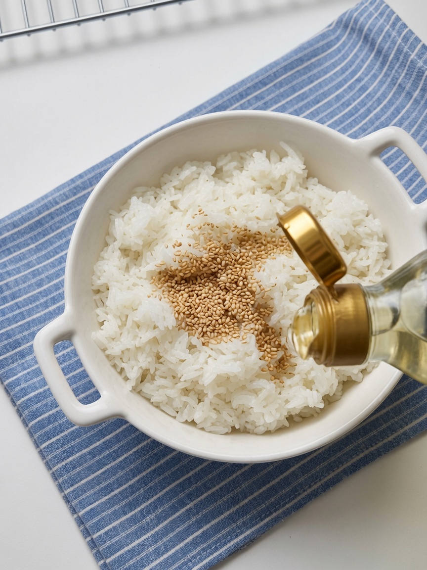 Bol de riz blanc moelleux mélangé avec des graines de sésame et du vinaigre.