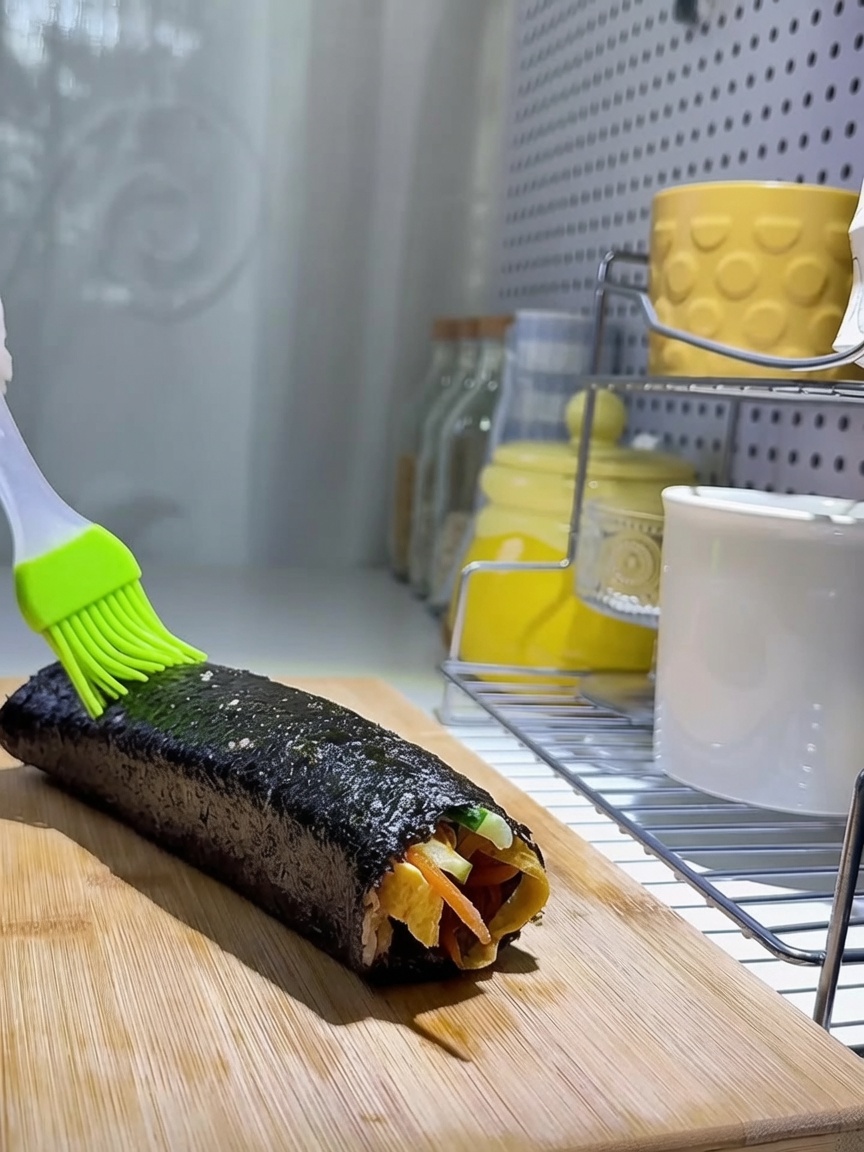 Gros plan sur un pinceau appliquant de lhuile sur le rouleau dalgue, suivi dun saupoudrage de graines de sésame.
