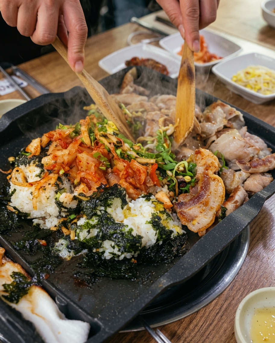 Spatules en bois mélangeant le riz, les légumes et le porc sur une plaque chaude.