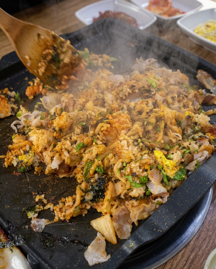 Une fine couche de riz frit avec porc et légumes étalée sur une plaque noire, commençant à croustiller.