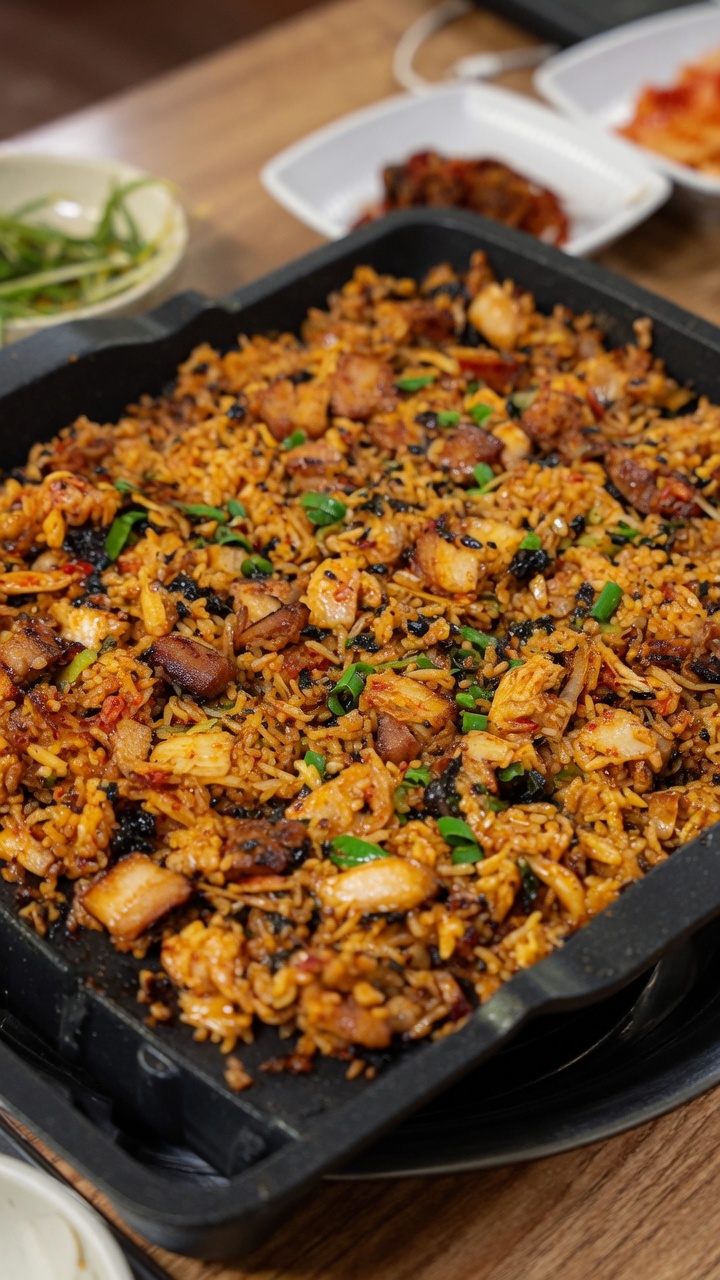 Un riz sauté coréen savoureux agrémenté de poitrine de porc croustillante, de kimchi et dalgues aromatiques.