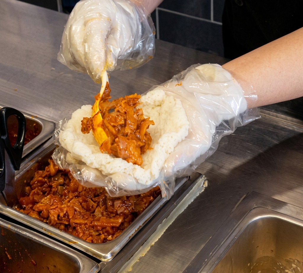 Le chef déposant une grosse cuillerée de garniture épicée au kimchi et au porc sur une galette de riz plate.