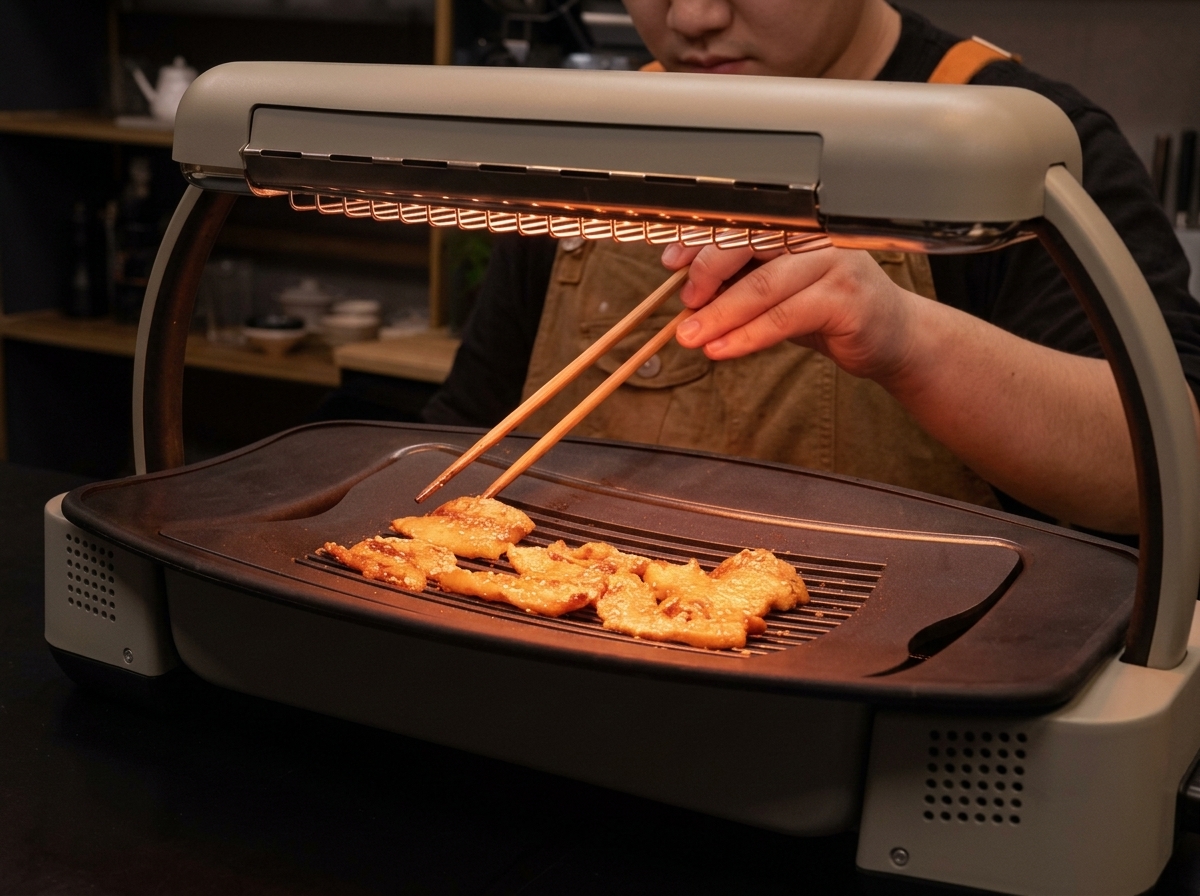 Main utilisant des baguettes pour retourner les tranches de poitrine de porc sur le gril pour un brunissement uniforme.