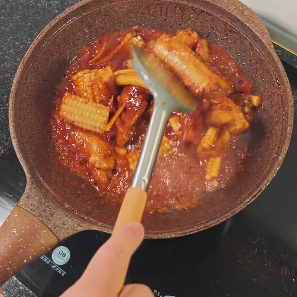 La poêle découverte pendant la cuisson pour permettre à la sauce de sépaissir en glaçage.