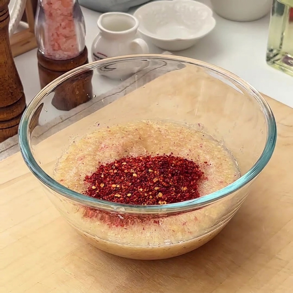 Un bol en verre contenant la purée de fruits et divers assaisonnements comme les flocons de piment, le sucre et le gochujang.